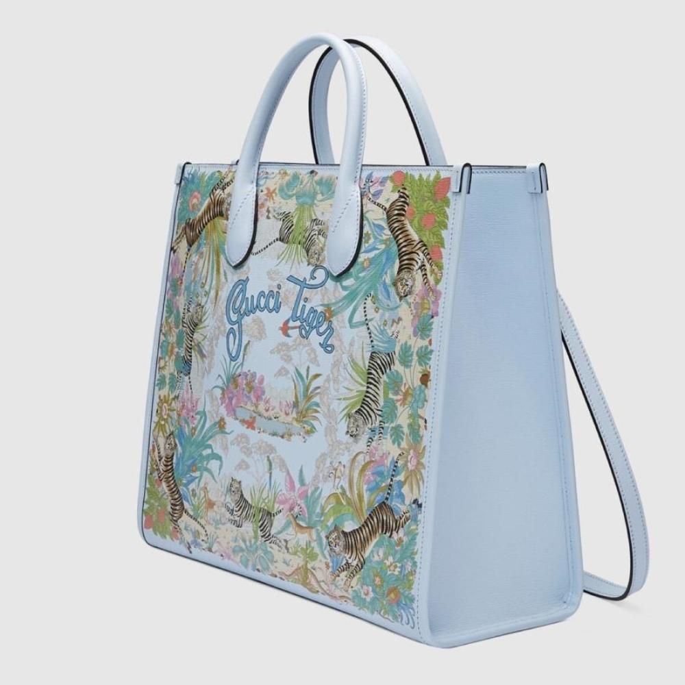 Gucci Tote Bag Shoulder Bag Light Blue Gold Tiger Flower Print Leather - Picture 2 of 7